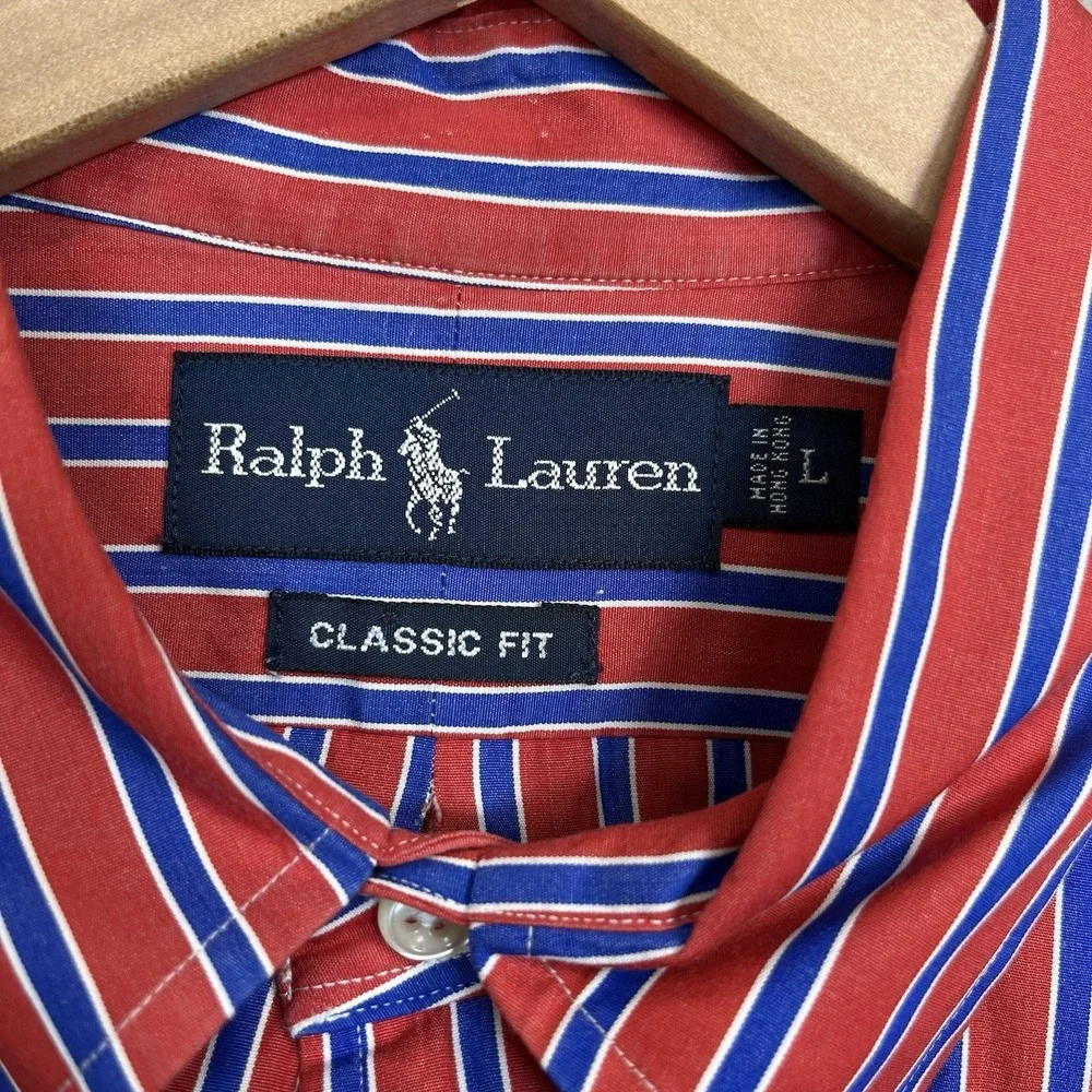 Ralph‎ Lauren Shirt Mens L Striped Red Blue White Classic Fit VTG